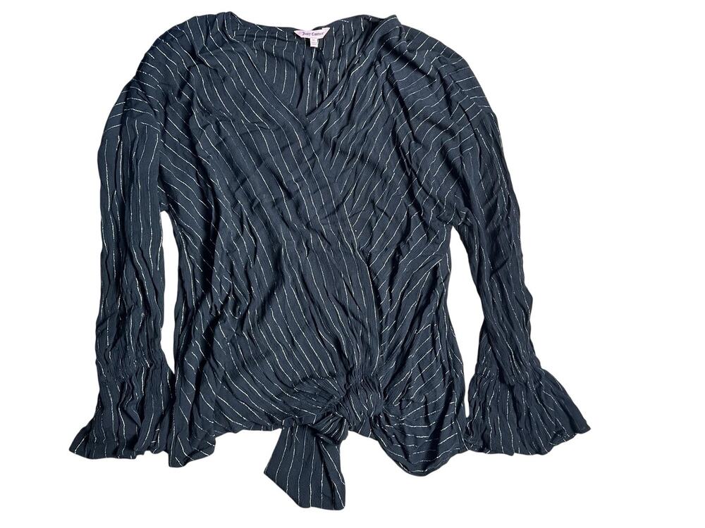 Juicy Couture Top Womens XL Black Striped Flared Sleeve Tie Blouse Casual